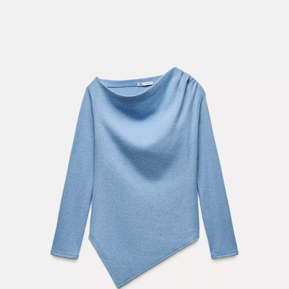 Zara Powder Blue Off-the-Shoulder Sweater Asymmetrical Hem